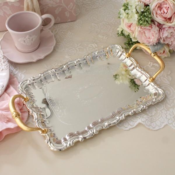 大型アンティークシルバー 銀食器 ボウル お椀ロココ シャビーシック 刻印 大皿 ゴールドハンドル シルバートレイ シルバートレー トレイ シルバー食器