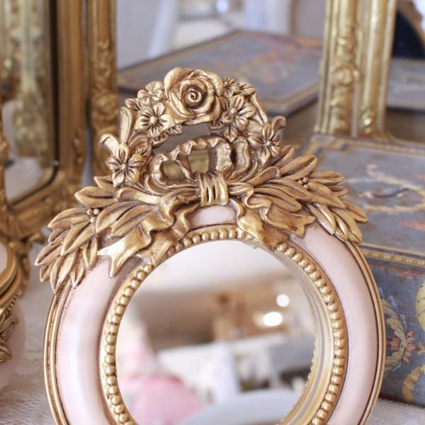 フランス　アンティーク　卓上ミラー　鏡　木製　彫刻　ローズ＆リボン スタンドミラー 卓上ミラー ベルサイユ リボンローズ ミニミラー（147