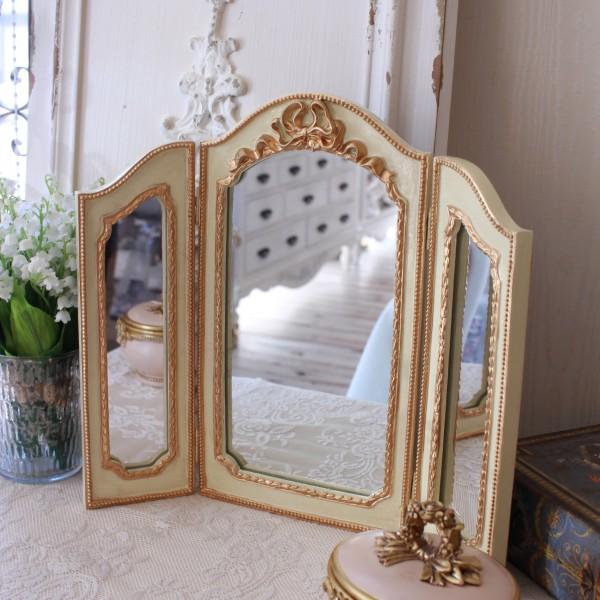 アンティーク調三面スタンドミラー ドレッサーミラー スタンドミラー 三面鏡 ミラー ベルサイユ リボン