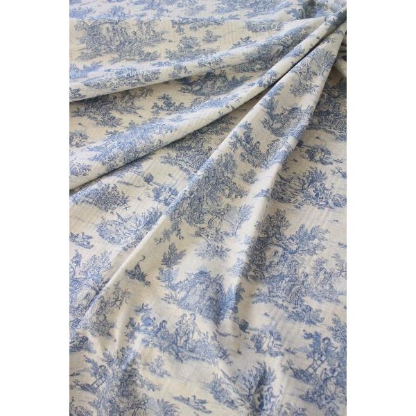 トワルドジュイ 田園 生地 輸入生地 （グレージュ×ブルー160cm幅