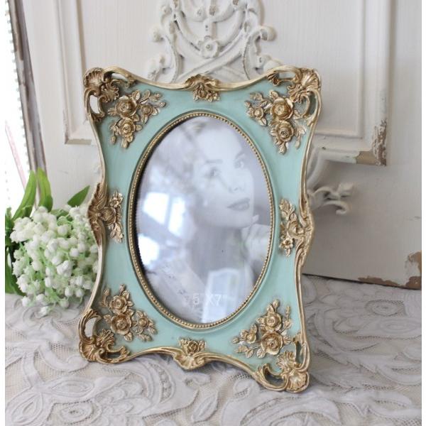 写真立て フォトフレーム ブルー ロココ調 ラージ ローズ 薔薇 026