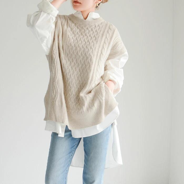 45R☆ケーブル編みニットベスト クリーム色 ケーブル編み ニット ベスト 前後両面ケーブル編み : Life - 通販