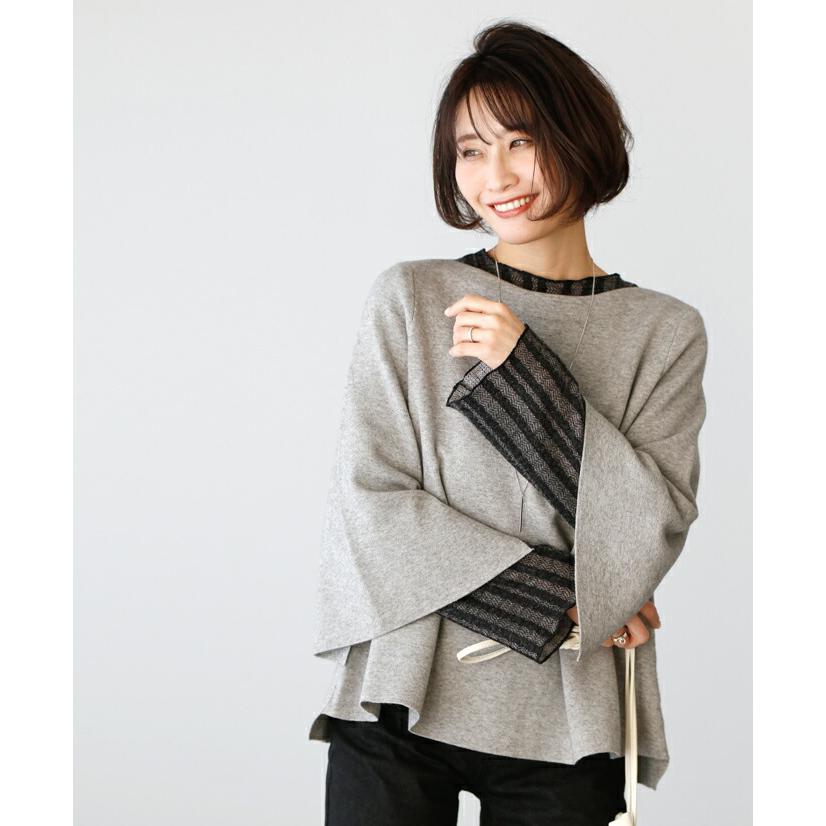 レディース ニット 冬 春 レイヤード 八分丈 八分袖 8分袖 カットオフスリーブ  重ね着 スリット フレア ボートネック アシンメトリー ゆったり