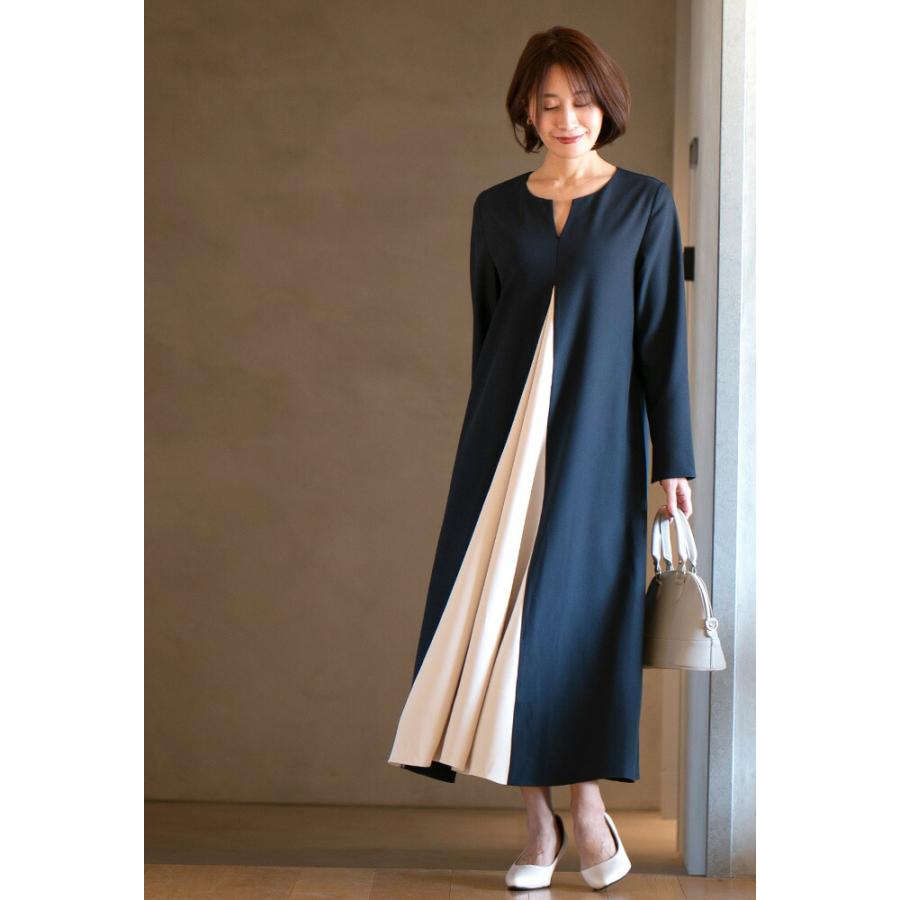 ワンピース ロングワンピース Aライン バイカラー 配色 スリット V  