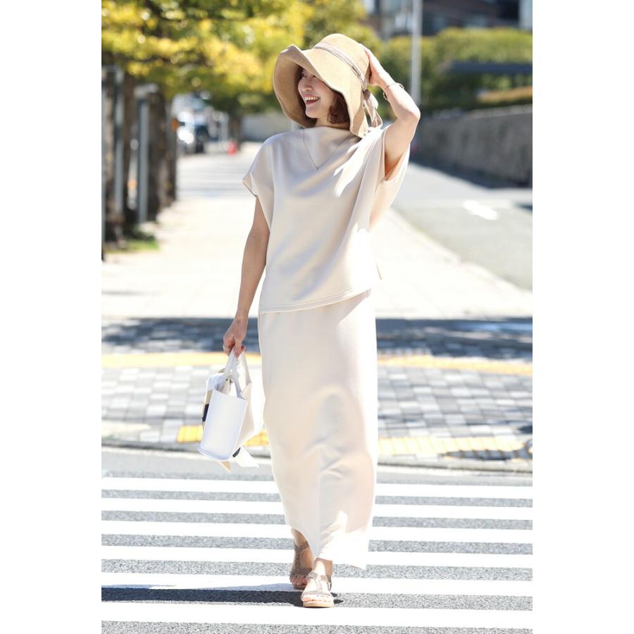 セットアップ ポンチ スカートセット ウエストゴム お出かけ 移動 リラックス フレア  ボートネック 体型カバー