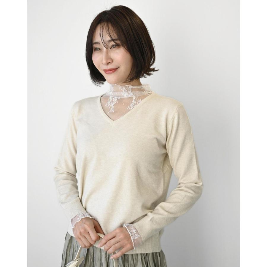 トップス ニット ハイゲージニット レースインナー付き 無地 カジュアル アパレル 長袖 ブラック アイボリー | Ehre style | 21