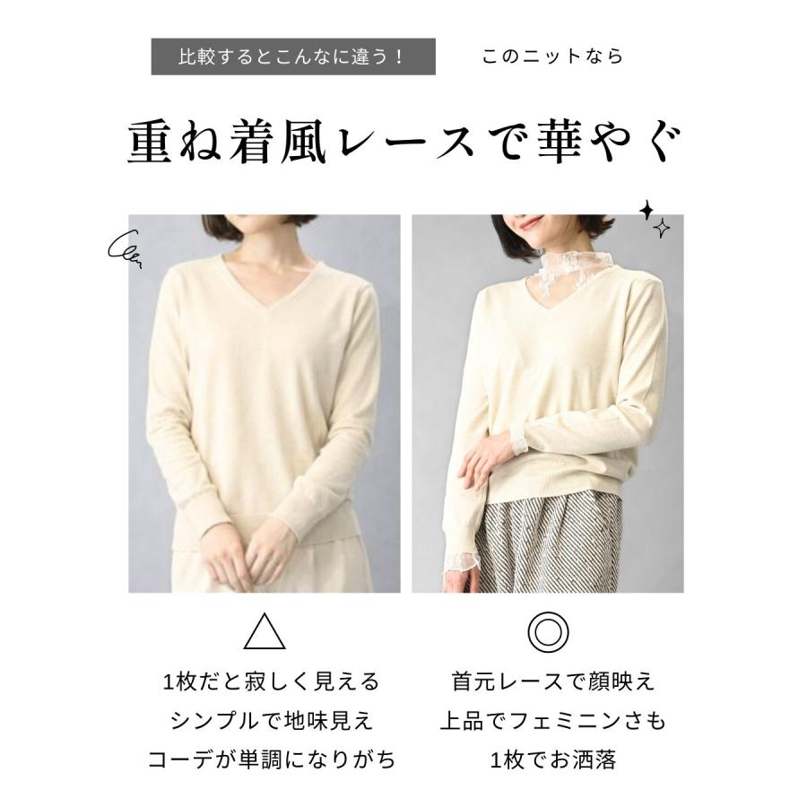 トップス ニット ハイゲージニット レースインナー付き 無地 カジュアル アパレル 長袖 ブラック アイボリー | Ehre style | 04