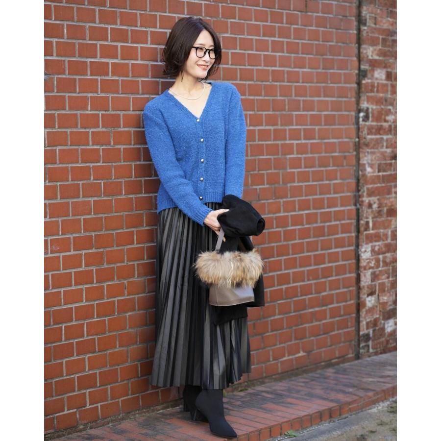 カーディガン ニット 羽織り Ｖネック ブークレ トップス  無地 リブ カジュアル ボタン ロングスカート プリーツスカート | Ehre style | 10