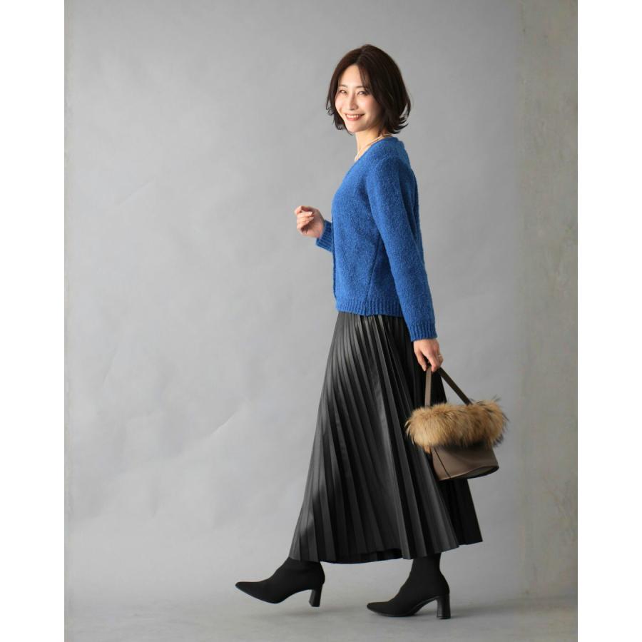 カーディガン ニット 羽織り Ｖネック ブークレ トップス  無地 リブ カジュアル ボタン ロングスカート プリーツスカート | Ehre style | 12