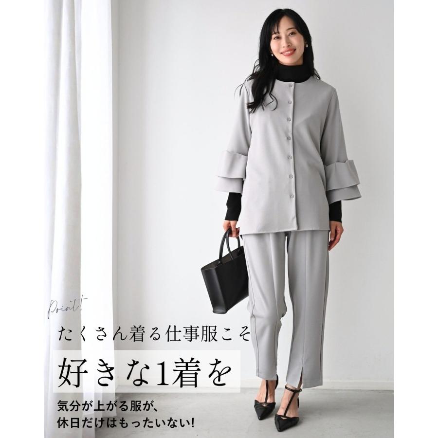 スーツ オフィススーツ セットアップ トップス パンツ フレア フレア袖 ウエストゴム センターライン 裾スリット ブラック グレー 黒 灰  お仕事 卒業 入園 | Ehre style | 08