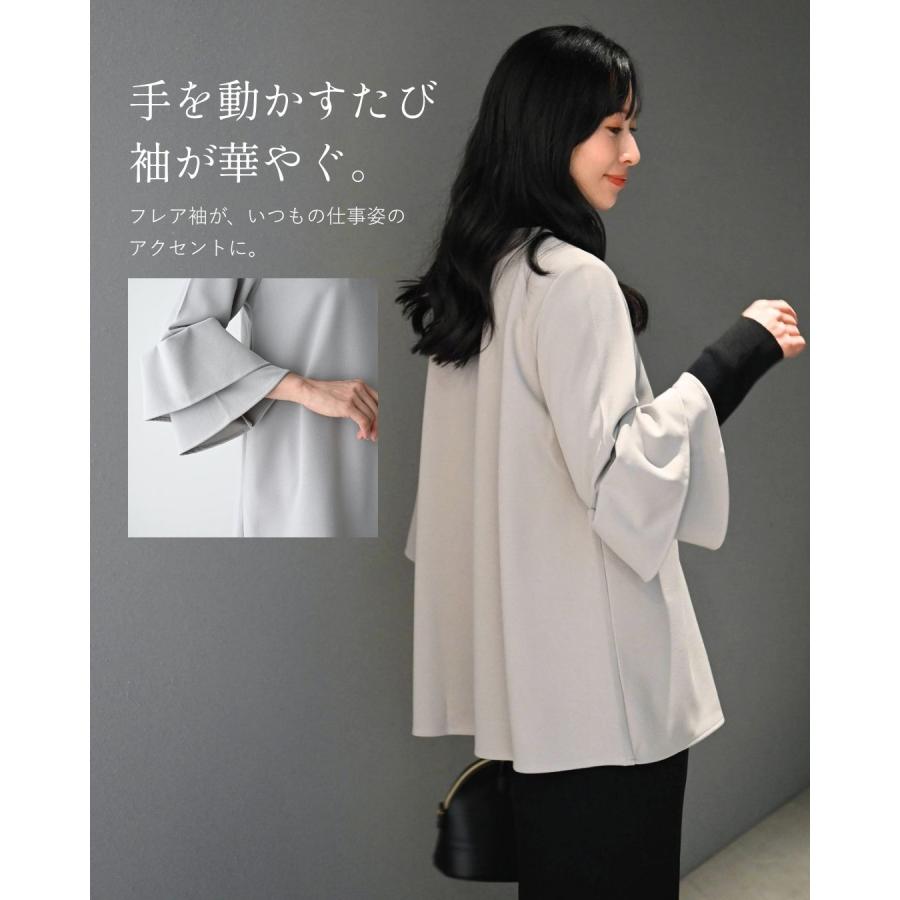スーツ オフィススーツ セットアップ トップス パンツ フレア フレア袖 ウエストゴム センターライン 裾スリット ブラック グレー 黒 灰  お仕事 卒業 入園 | Ehre style | 09