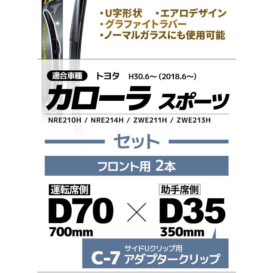 トヨタ カローラスポーツ用 デザインワイパー D70(700mm)+D35(350mm)+アダプタークリップ C-7 フロント 左右 2本セット Uタイプ 替えゴム ワイパーブレード NWB｜stylemarket｜03