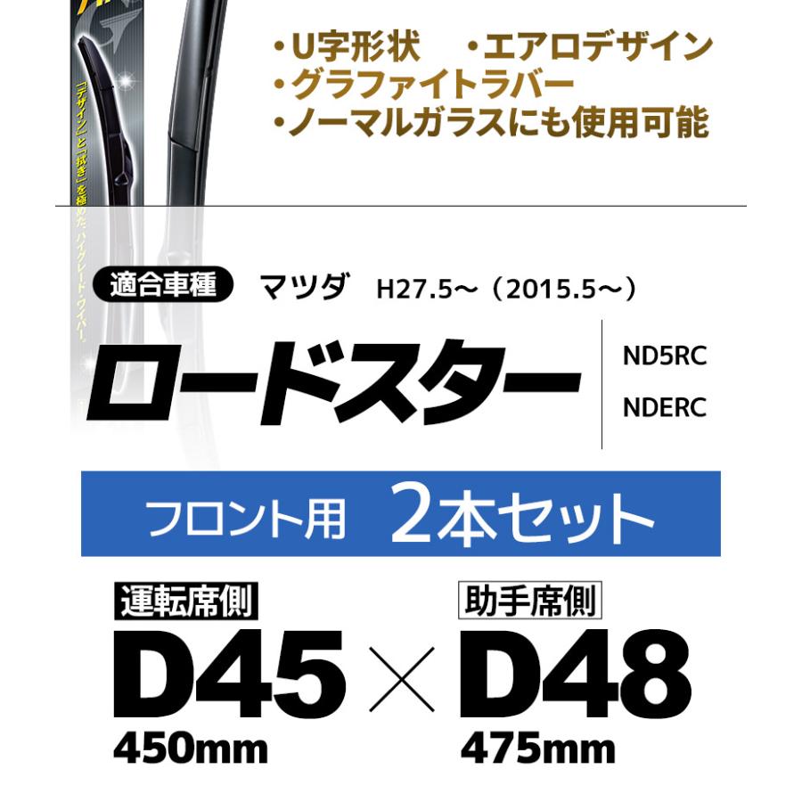 マツダ ロードスター用 デザインワイパー D45(450mm)+D48(475mm) フロント 2本セット Uタイプ 替えゴム ワイパーブレード NWB｜stylemarket｜03