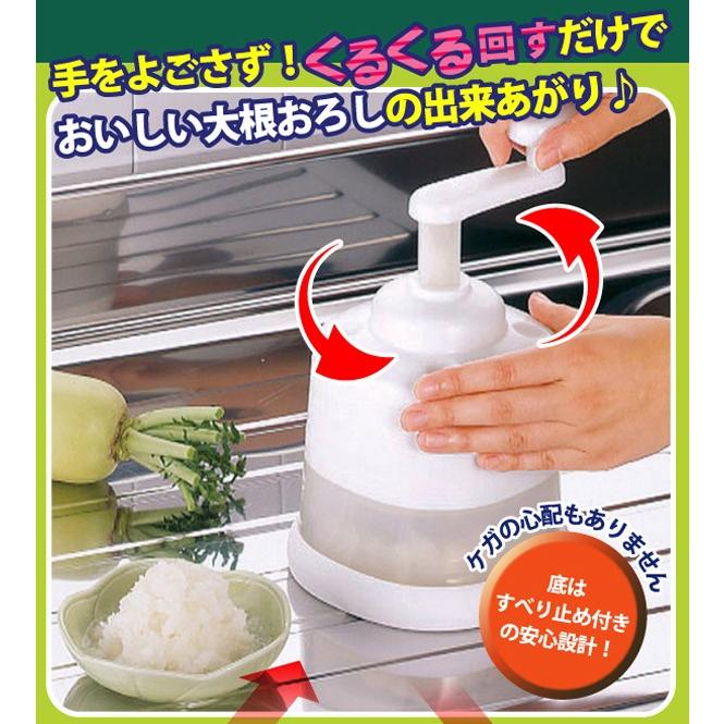 くるくる大根おろし器 セットしてレバーを回すだけで、野菜や果物を