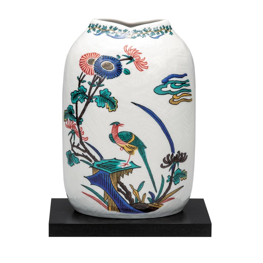 【美品】九谷焼　花瓶　壺　紫陽花と鳥　陶器　工芸 九谷焼 日本の伝統工芸品【九谷焼】 7号花瓶 古九谷花鳥 台付 (K9-1357
