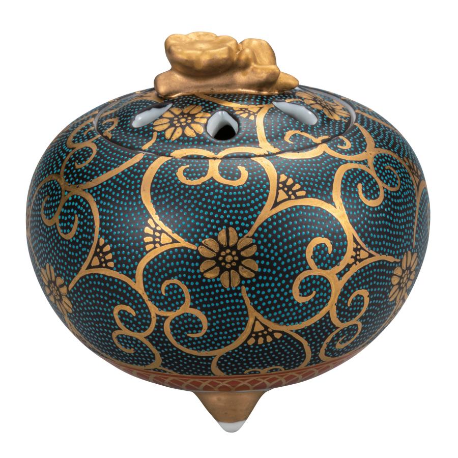 九谷焼 日本の伝統工芸品【九谷焼】 3.8号香炉 本金青粒唐草