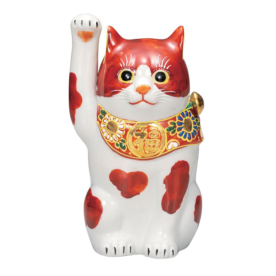 新品未使用　九谷焼　九谷焼招き猫赤ぶち　招き猫　猫　縁起もの 九谷焼 日本の伝統工芸品【九谷焼】 6号招き猫 赤ブチ (K9-1635