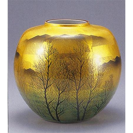日本の伝統工芸品【九谷焼】 8号花瓶 【限定品】金箔木立連山