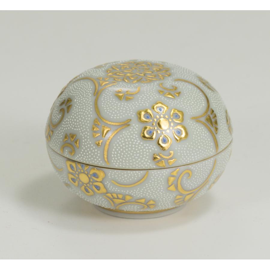 B403h「正倉院 香合」仲田錦玉作 共布共箱 錦芳書 福寿 盛金彩 九谷焼