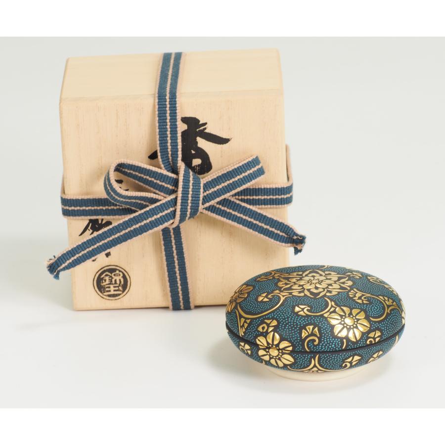 九谷焼 仲田錦玉 香合 青粒唐草文