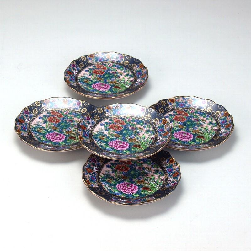 九谷焼 日本の伝統工芸品【九谷焼】4号皿揃 錦絵 N147-07 : 九谷焼