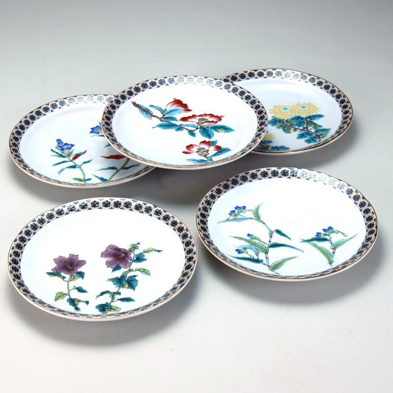 九谷焼 日本の伝統工芸品【九谷焼】6号皿揃 金襴小紋五草花 N148-08