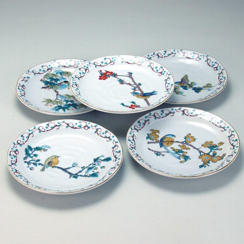 九谷焼 日本の伝統工芸品【九谷焼】6号皿揃 唐草花鳥絵変わり N149-03