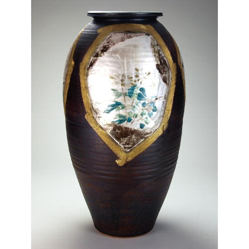 日本の伝統工芸品【九谷焼】19号花瓶 金銀箔割取秋月文 N179-03