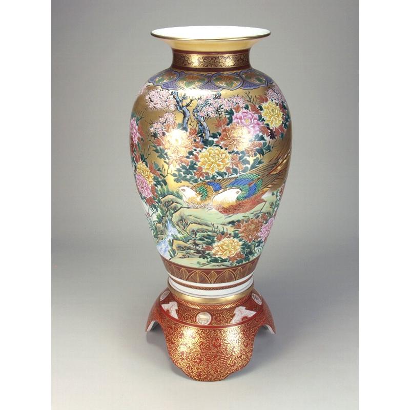 日本の伝統工芸品【九谷焼】22号陶台付花瓶 本金牡丹鳥 N179-04