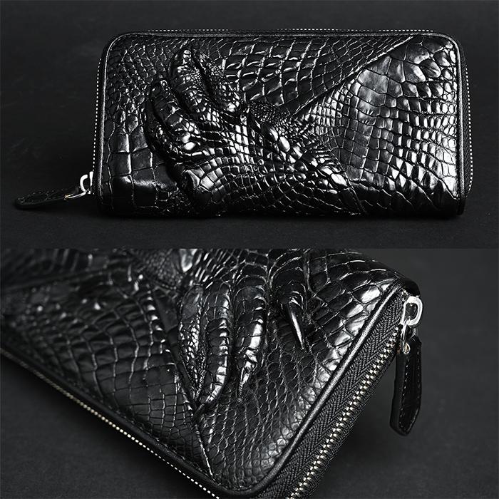 本革 ワニ革 長財布 メンズ ラウンド シャムクロコ ブラック 送料無料