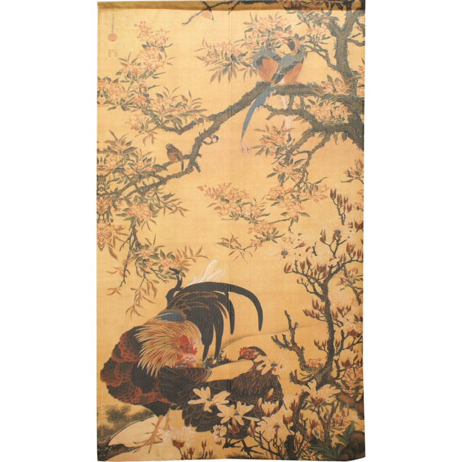 のれん　暖簾　和風　伊藤若冲   花卉双鶏図　85×150cm　日本製　 |  | 03