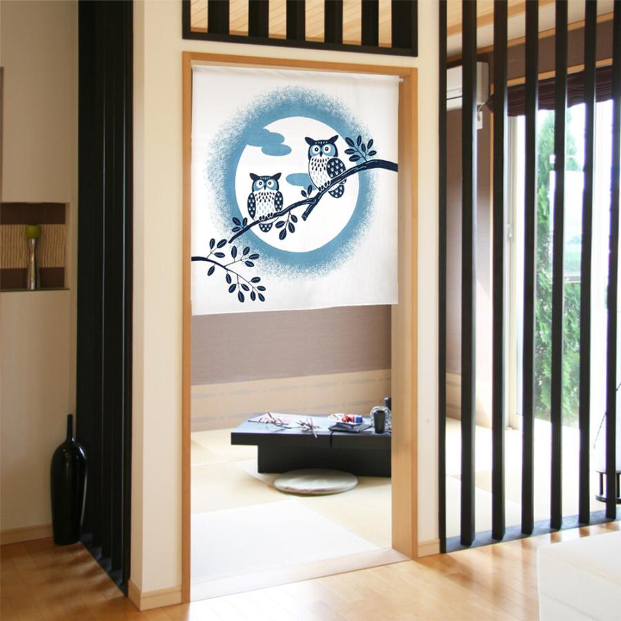 のれん 暖簾 目隠し 和風 和柄 木と満月とフクロウ 85×丈90cm 日本製