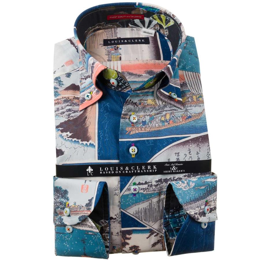信頼 シャツ メンズドレスシャツ 長袖綿100 ドレスシャツ ボタンダウン 浮世絵プリント リゾートタウン切替生地 派手 1910 Outlets 全国宅配無料 Clearchannel Com Br