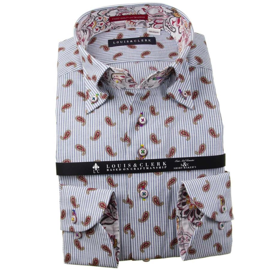 シャツ / メンズドレスシャツ 長袖 綿100％ ボタンダウン シングルストライプ ペイズリードットプリント シャンブレー青グレー 1910