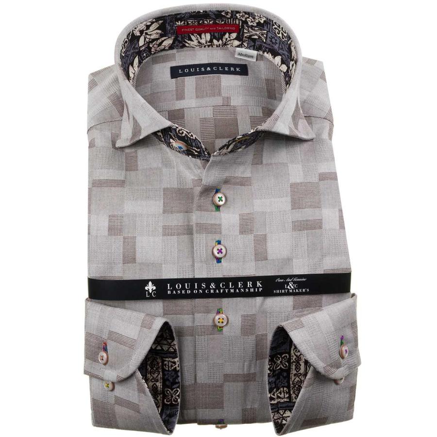 シャツ メンズドレスシャツ 長袖綿100 ドレスシャツ カッタウェイワイド ブラウンシャンブレー ジャガードモザイクチェック Sale Rld 激安通販販売