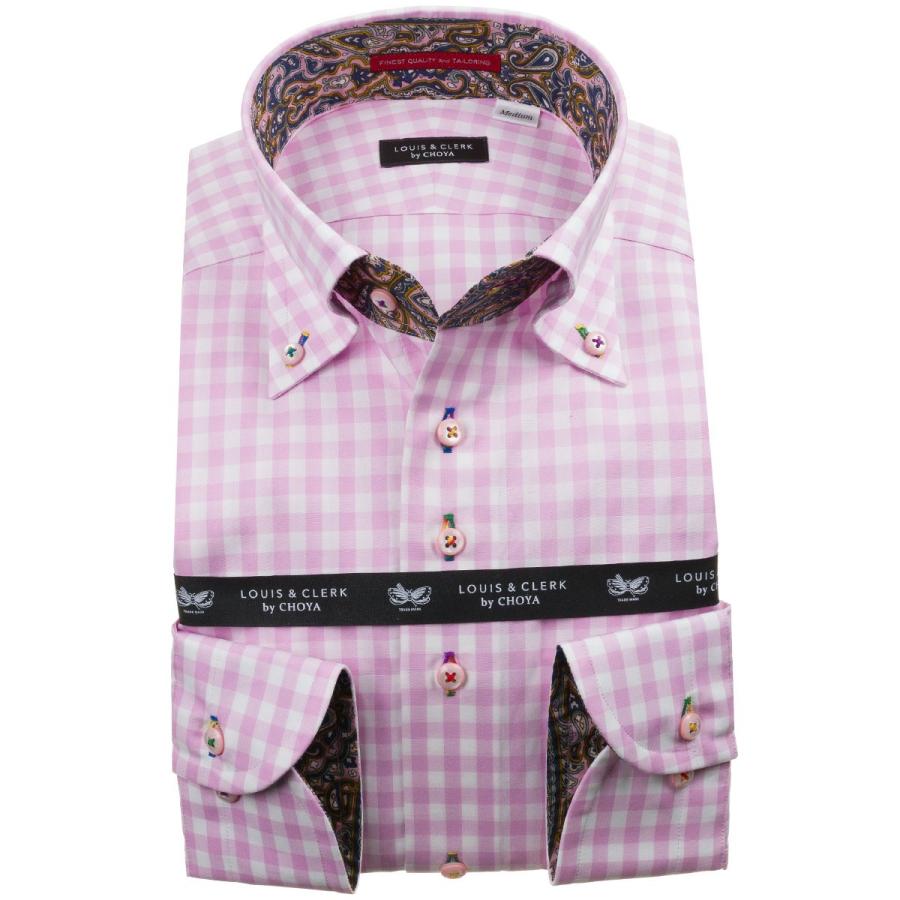 シャツ / メンズドレスシャツ 長袖綿100％ドレスシャツ ボタンダウン 着丈短め ピンク紫 ギンガムチェック  ( sale_rld )｜styleworks