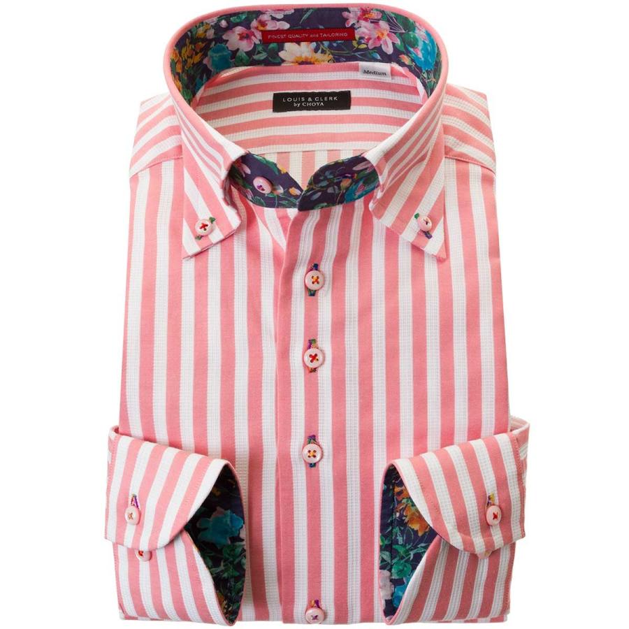ワイシャツ| 長袖綿100％ワイシャツ 胸ポケット無 ボタンダウン ストライプ 橙ピンク 白メッシュ織  ( sale_rld )｜styleworks