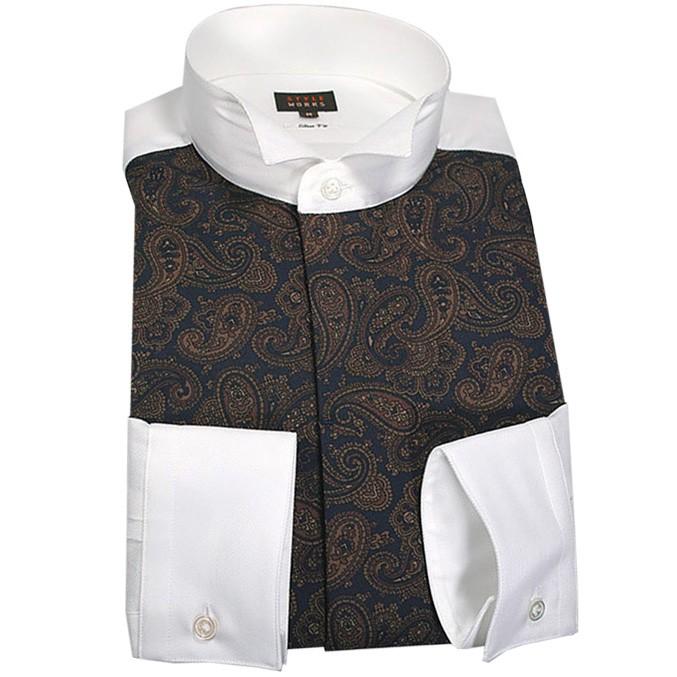 ワイシャツ 長袖ドレスシャツ ウィングカラー 白ロイヤルオックス イカ胸濃紺ペイズリー Sスリムフ Outlets Sale Rwd ワイシャツ 専門店 Style Works 通販 Paypayモール