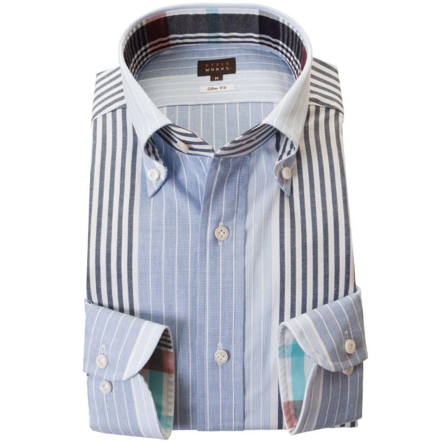 ワイシャツ 長袖ワイシャツ 綿１００ スリム ボタンダウン 胸ポケット無 クレイジーパターンストライプ 青 02 Sale Rwd