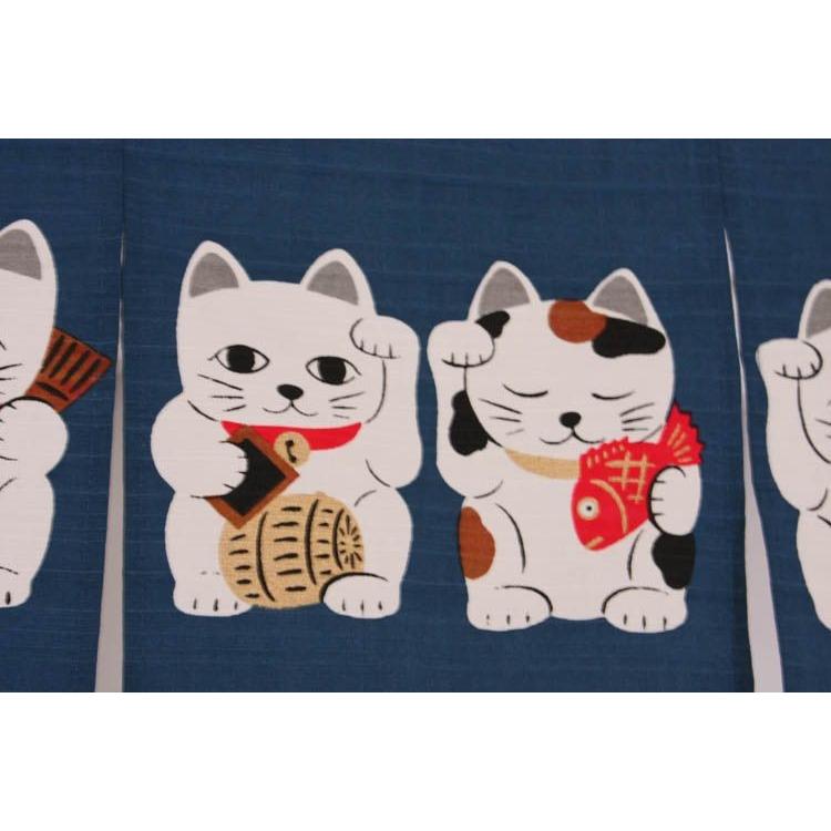 七福ねこ 紺色 横85cm×高さ30cm 日本製 縁起・開運のれん(ゆうパケット