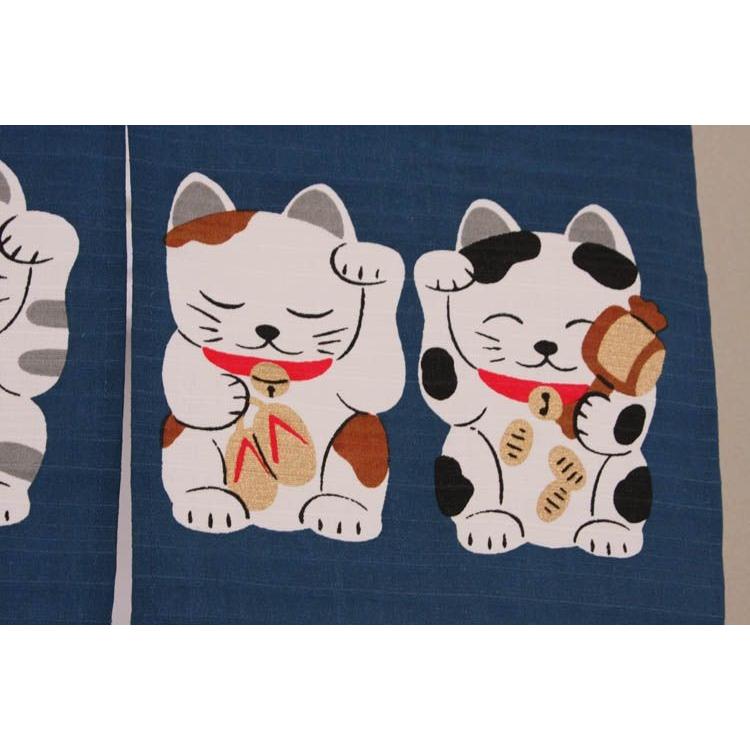 七福ねこ 紺色 横85cm×高さ30cm 日本製 縁起・開運のれん(ゆうパケット