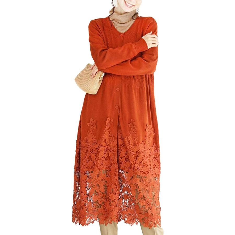 驚きの価格 美しさ湧き上がる花レースのロングニットカーディガン フレンチパヴェ レディース 茶 ブラウン ストレスフリー 羽織り カーディガン ボレロ