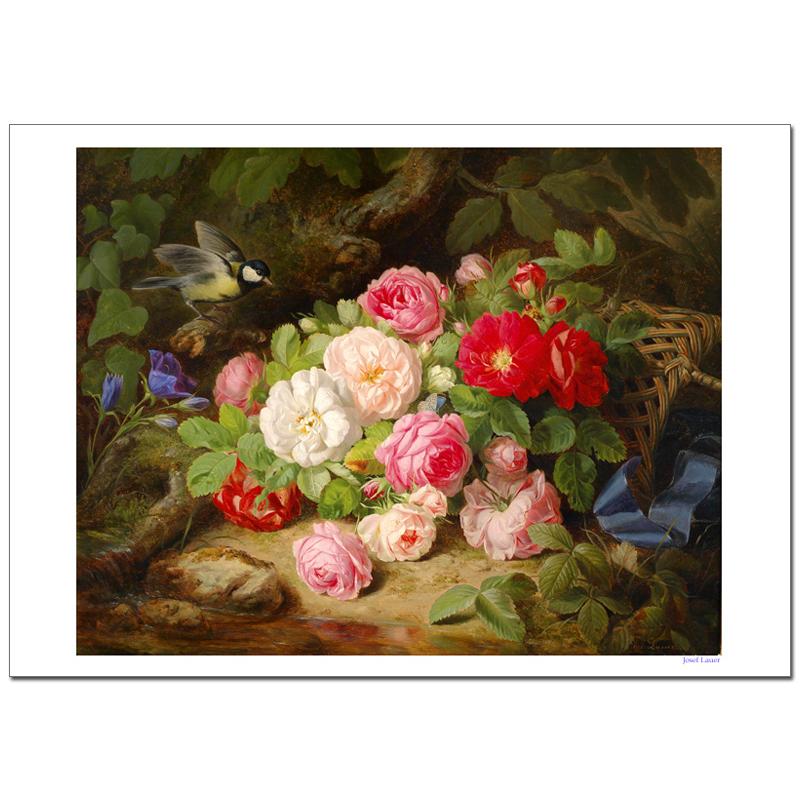 ジョセフローワーJosefLauer ばらの花束 （鳥と青いリボンのバラのバスケット）B4〜A2サイズ ジクレーポスター　 | 