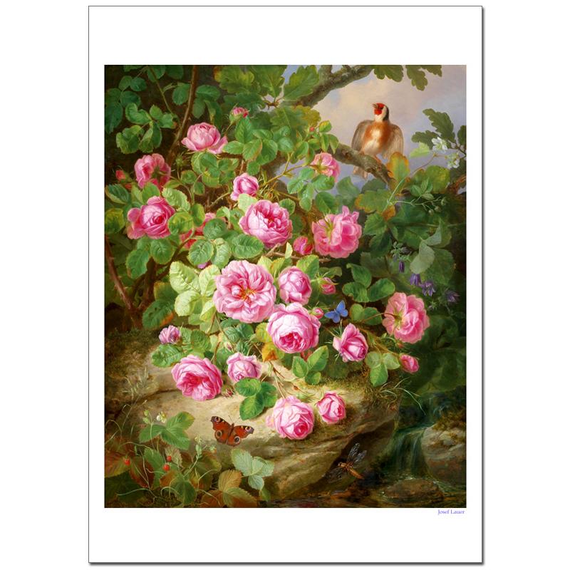 ジョセフローワーJosefLauer バラ、蝶と鳥（蝶と鳥とバラのバスケット）B4〜A2サイズ ジクレーポスター　 | 