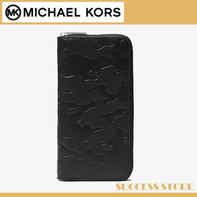 マイケルコース 財布 長財布 メンズ MICHAEL KORS Odin Embossed-Leather Zip-Around Wallet カモフラ 迷彩 レザー ブラック 直営ブティック 新作