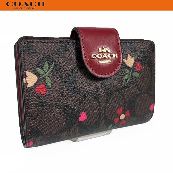 コーチ アウトレット レディース 花柄 財布 二つ折り財布 COACH ミディアム ウォレット シグネチャー ハート ペタル C7653 ブラウン 新品