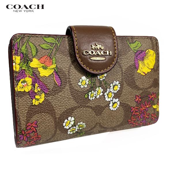COACH直営店コーチシグネチャー 刺繡フローラルスムース ミディアム二折り財布 COACH直営店コーチシグネチャー 刺繡フローラルスムース ミディアム二
