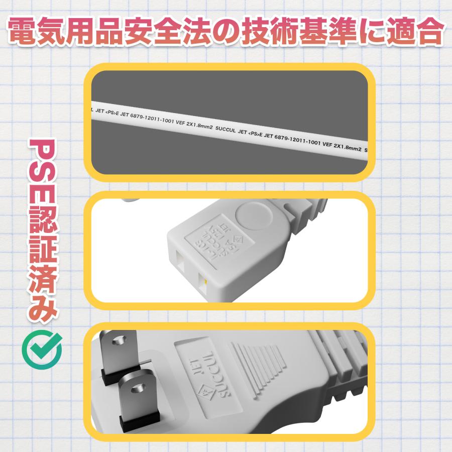 電源延長コード 15A ホワイト 10m 最大1500Wまで PSE適合 電源コード 延長ケーブル 屋内用 電源増設 2芯｜succul｜05