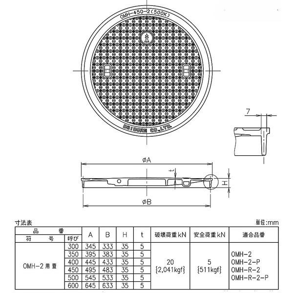 マンホール蓋〈枠なし〉（軽荷重）　鋳鉄製　450MHB型　OMH-2蓋のみ　ダイドレ