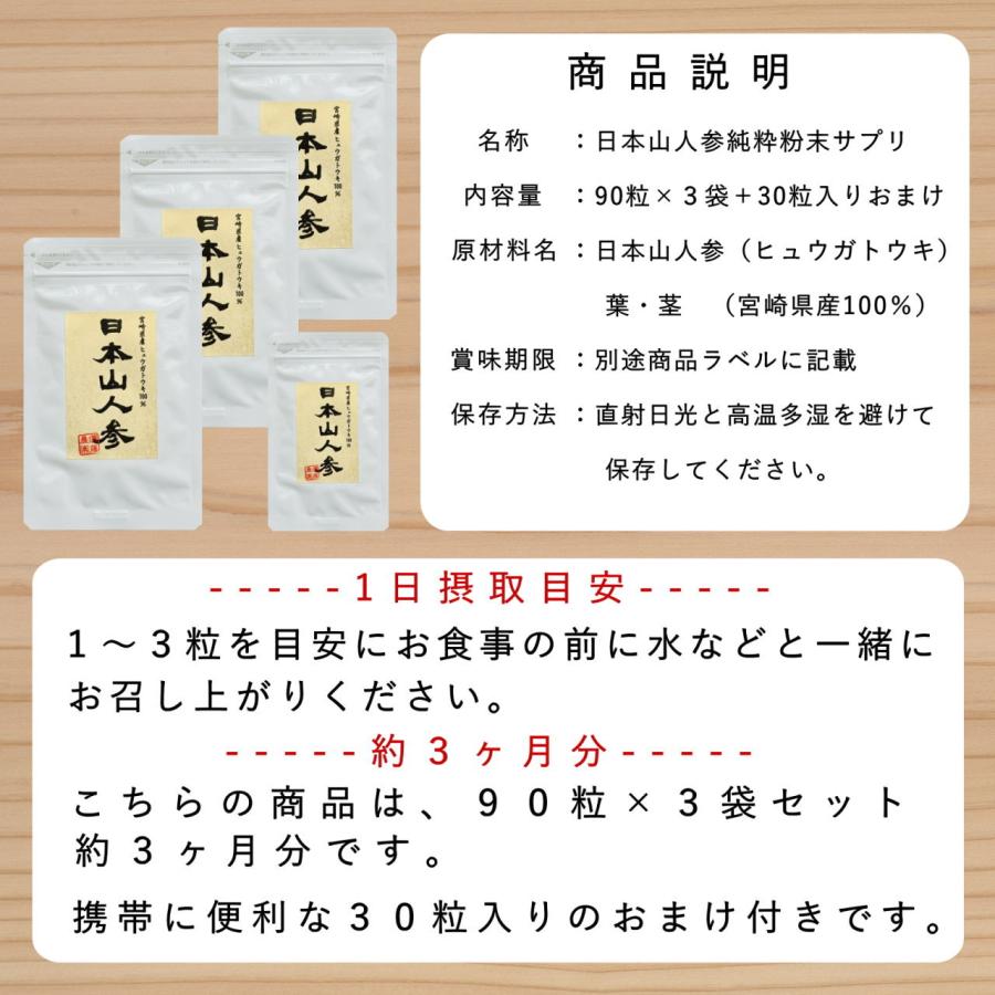 日本山人参 サプリ 90粒×3袋セット＋30粒おまけ付き ヒュウガ